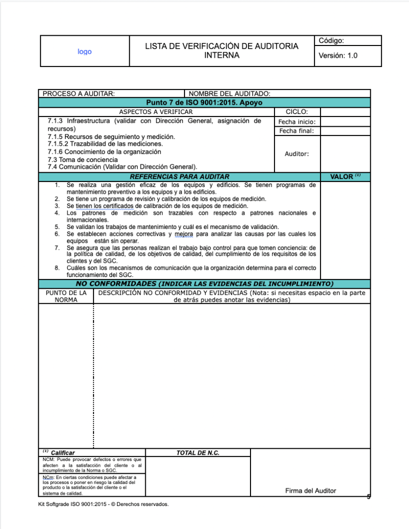 Kit Para La Planeación Y Registro De Auditoría Interna Softgrade 6143